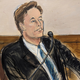 A sketch of Elon Musk sitting in a courtroom wearing a black suit and blue tie looking off to the side with a microphone in front of him.